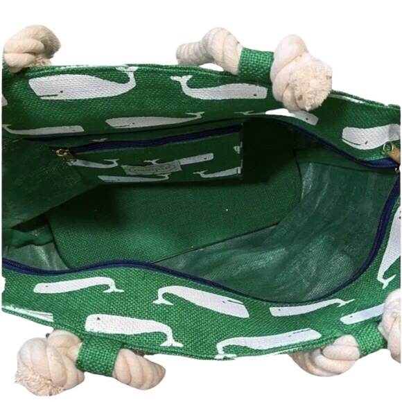 Mud Pie Whales Beach Tote Bag Green with Navy Bow - Picture 2 of 4
